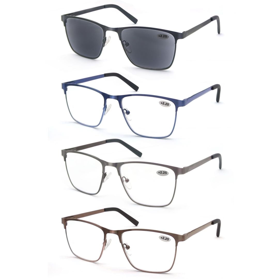 MODFANS 3.50 4 Pairs (Blue Light Blocking) Reading Glasses Men,Metal Frame Rectangle Style Stainless Steel Material Spring Hinges,Black-Grey-Blue-Brown